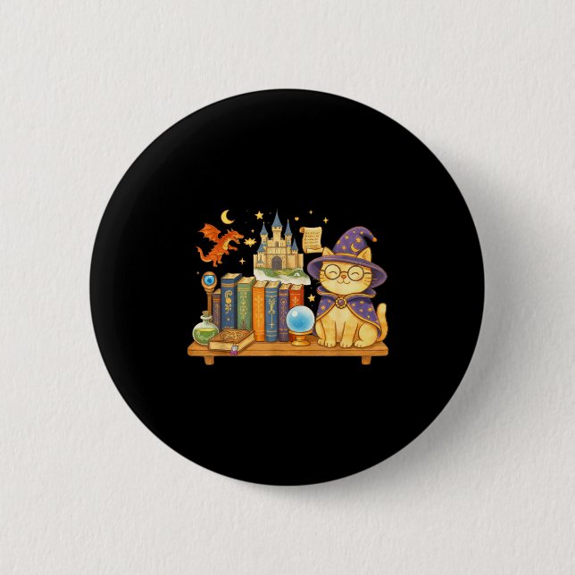 Cute kawaii cat books wizard  2 inch round button (Front)