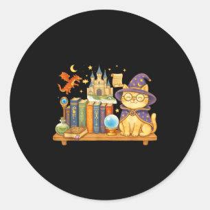 Cute kawaii cat books wizard classic round sticker