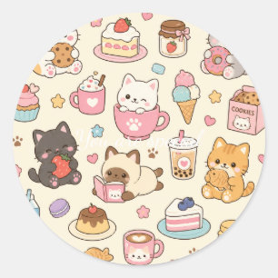 Cute Kawaii Cat Café Pattern Coffee and Dessert Classic Round Sticker