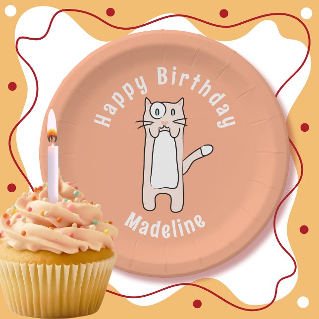 Cute Kawaii Cat Cartoon Personalized Fun Birthday Paper Plate (Creator Uploaded)