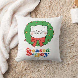 Cute Kawaii Cat Christmas Wreath Season of Joy Throw Pillow