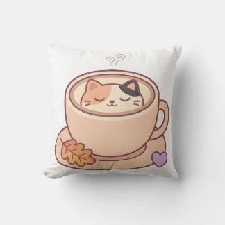 Cute Kawaii Cat Coffee Cup Throw Pillow