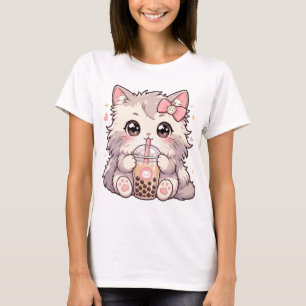 Cute Kawaii Cat Drinking Boba Bubble Tea T-Shirt