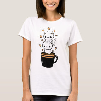 Cute Kawaii Cat Drinking Coffee Mug Hearts T-Shirt