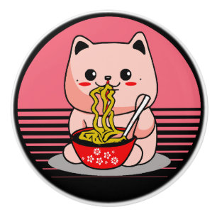 Cute Kawaii cat eating ramen Ceramic Knob