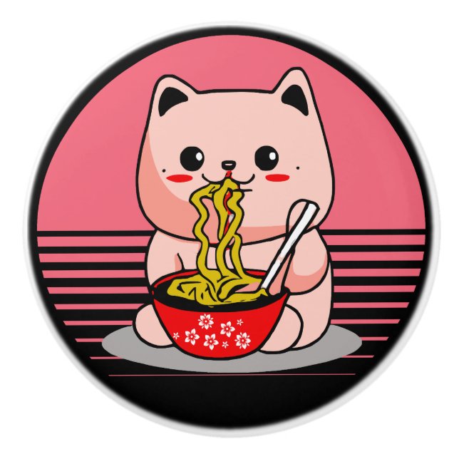 Cute Kawaii cat eating ramen Ceramic Knob (Front)