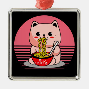 Cute Kawaii cat eating ramen Metal Ornament