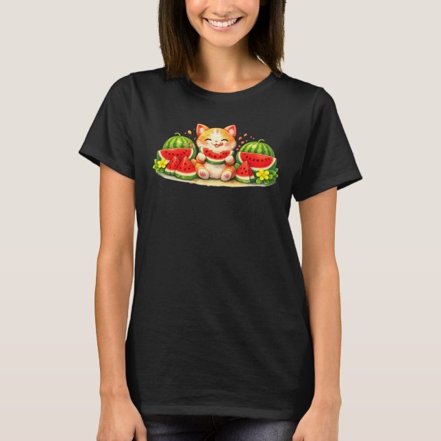 Cute Kawaii Cat Eating Watermelon Illustration T-Shirt (Front)