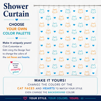 Cute Kawaii Cat Faces and Hearts Blue Orange