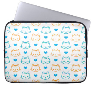 Cute Kawaii Cat Faces and Hearts Pastel Pattern Laptop Sleeve