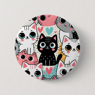 Cute Kawaii Cat Faces and Hearts Whimsical 2 Inch Round Button