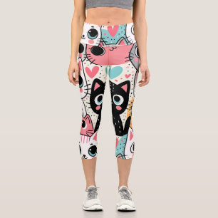 Cute Kawaii Cat Faces and Hearts Whimsical Capri Leggings