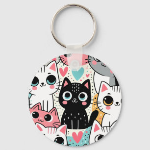 Cute Kawaii Cat Faces and Hearts Whimsical Keychain