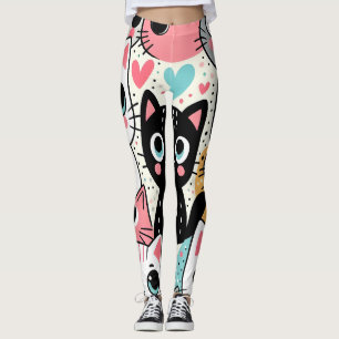 Cute Kawaii Cat Faces and Hearts Whimsical Leggings