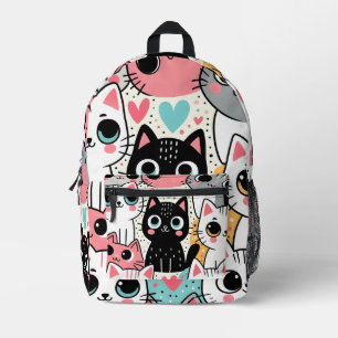 Cute Kawaii Cat Faces and Hearts Whimsical Printed Backpack