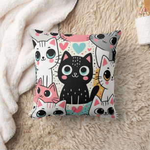 Cute Kawaii Cat Faces and Hearts Whimsical Throw Pillow