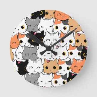 Cute Kawaii Cat Faces Pattern  Round Clock
