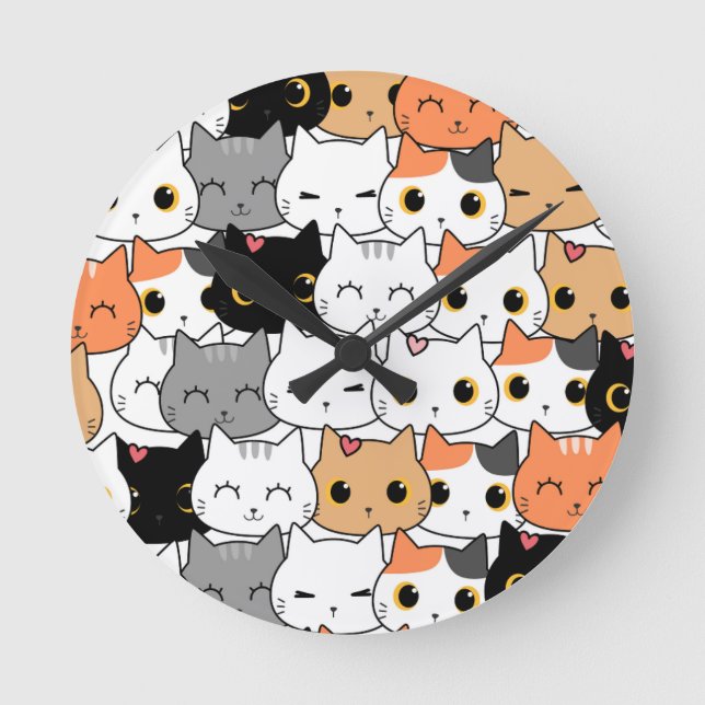 Cute Kawaii Cat Faces Pattern  Round Clock (Front)