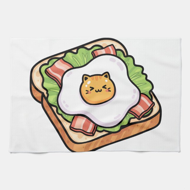 Cute Kawaii Cat Fried Egg on Toast Illustration Kitchen Towel (Horizontal)