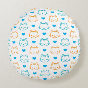 Cute Kawaii Cat Heart Pattern Pastel Kids Nursery Round Pillow