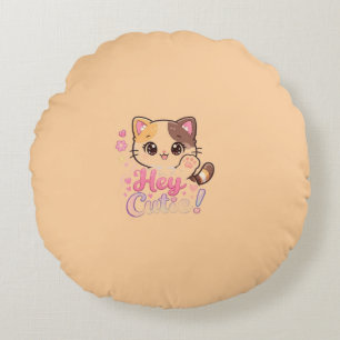 Cute Kawaii Cat "Hey Cutie" Round Throw Pillow