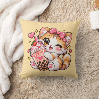 Cute Kawaii Cat Holding Bubble Tea Throw Pillow