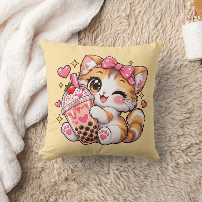 Cute Kawaii Cat Holding Bubble Tea Throw Pillow (Blanket)