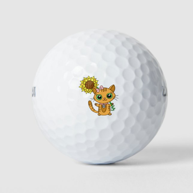 Cute Kawaii Cat Holding Flower Golf Balls (Front)