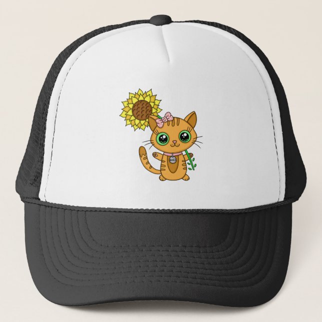 Cute Kawaii Cat Holding Flower Trucker Hat (Front)