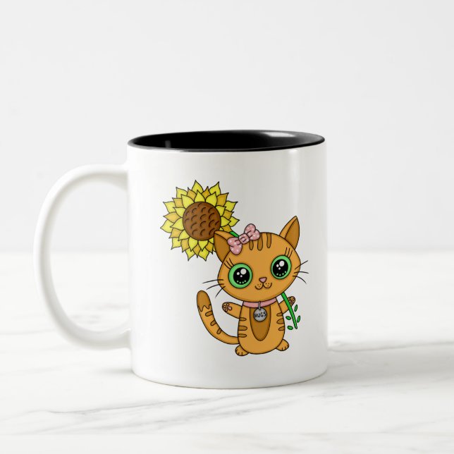 Cute Kawaii Cat Holding Flower Two-Tone Coffee Mug (Left)