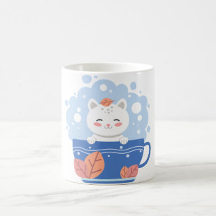 Cute Kawaii Cat in a Blue Teacup Coffee Mug