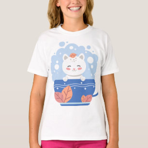Cute Kawaii Cat in a Blue Teacup Girls' T-Shirt