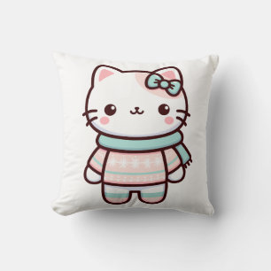 Cute Kawaii Cat in Sweater Throw Pillow