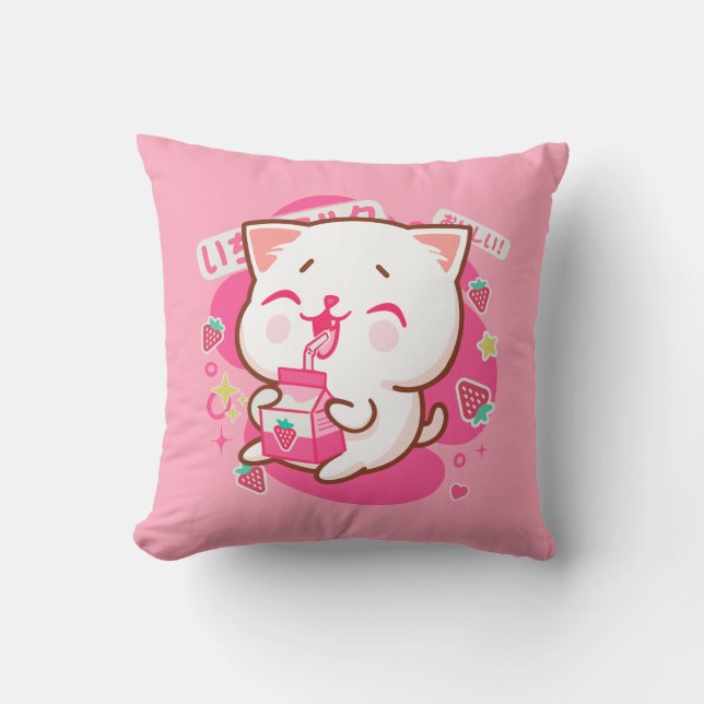 Cute Kawaii Cat Japanese Strawberry Milk Throw Pillow (Front)