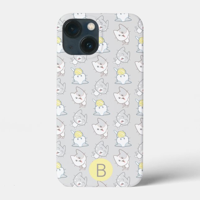 Cute Kawaii Cat Pattern Grey Yellow Monogram Case-Mate iPhone Case (Back)