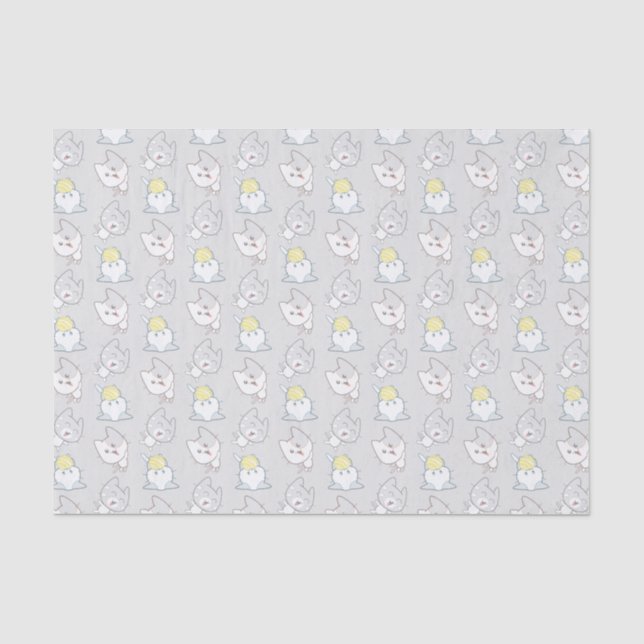 Cute Kawaii Cat Pattern Grey Yellow Pattern Tissue Paper (Front)