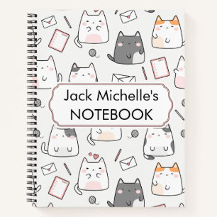 Cute Kawaii Cat Pattern in White Pink & Grey Notebook