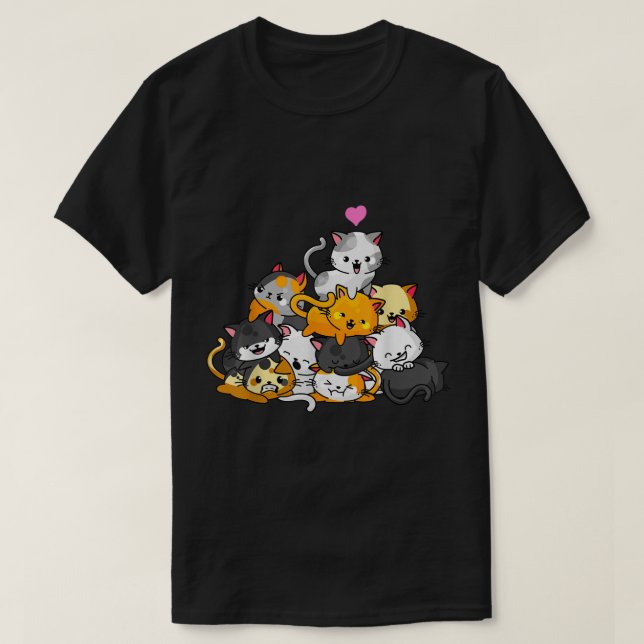 Cute Kawaii Cat Pile Cartoon Design T-Shirt (Design Front)