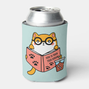 Cute Kawaii cat reading a book Can Cooler