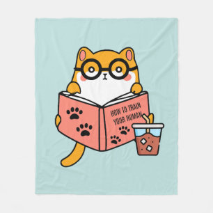 Cute Kawaii cat reading a book Fleece Blanket