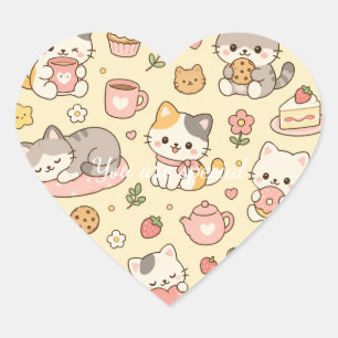 Cute Kawaii Cat Treats Pattern   Pastel Bakery  Heart Sticker