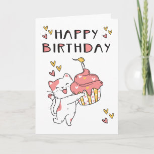 Cute Kawaii cat with cupcake Birthday Card
