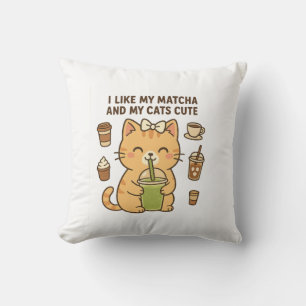Cute Kawaii Cat with Matcha Green Tea Throw Pillow