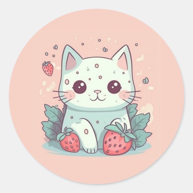 Cute kawaii cat with strawberries  classic round sticker (Front)