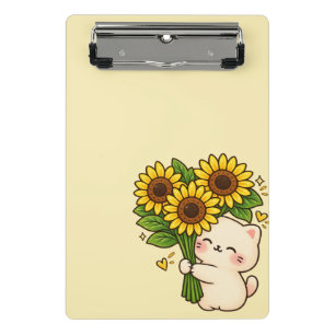 Cute Kawaii Cat with Sunflower Bouquet – Happy Flo Mini Clipboard