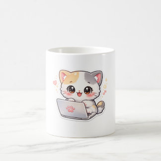 Cute Kawaii Cat Working on Laptop Coffee Mug - Fun