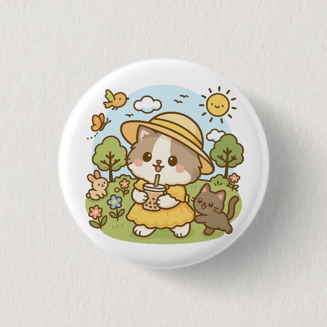Cute Kawaii Cat Yellow Dress Drinking Bubble Tea 1 Inch Round Button (Front)