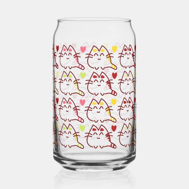 Cute Kawaii Cats and Hearts Pattern Can Glass (Front)