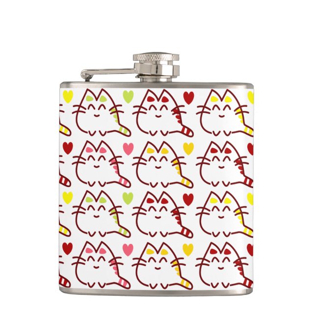 Cute Kawaii Cats and Hearts Pattern Hip Flask (Front)