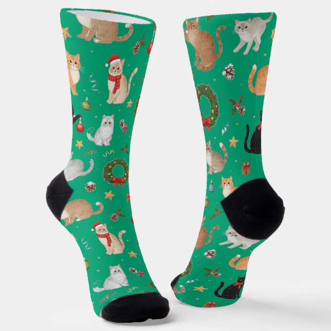 Cute Kawaii Cats & Christmas Decorations Socks (Angled)